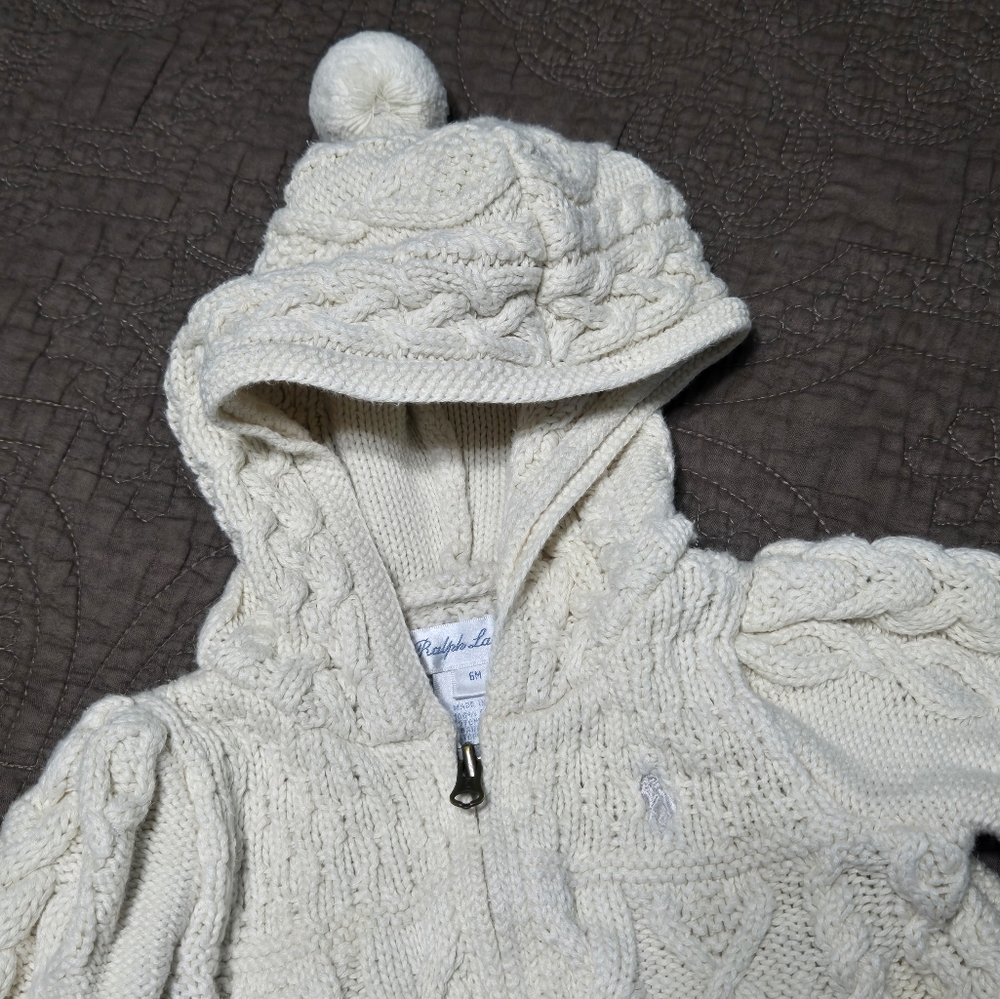 Ralph Lauren cable knit jacket attached hood embroidered pony ivory baby girl 6M - Picture 4 of 9